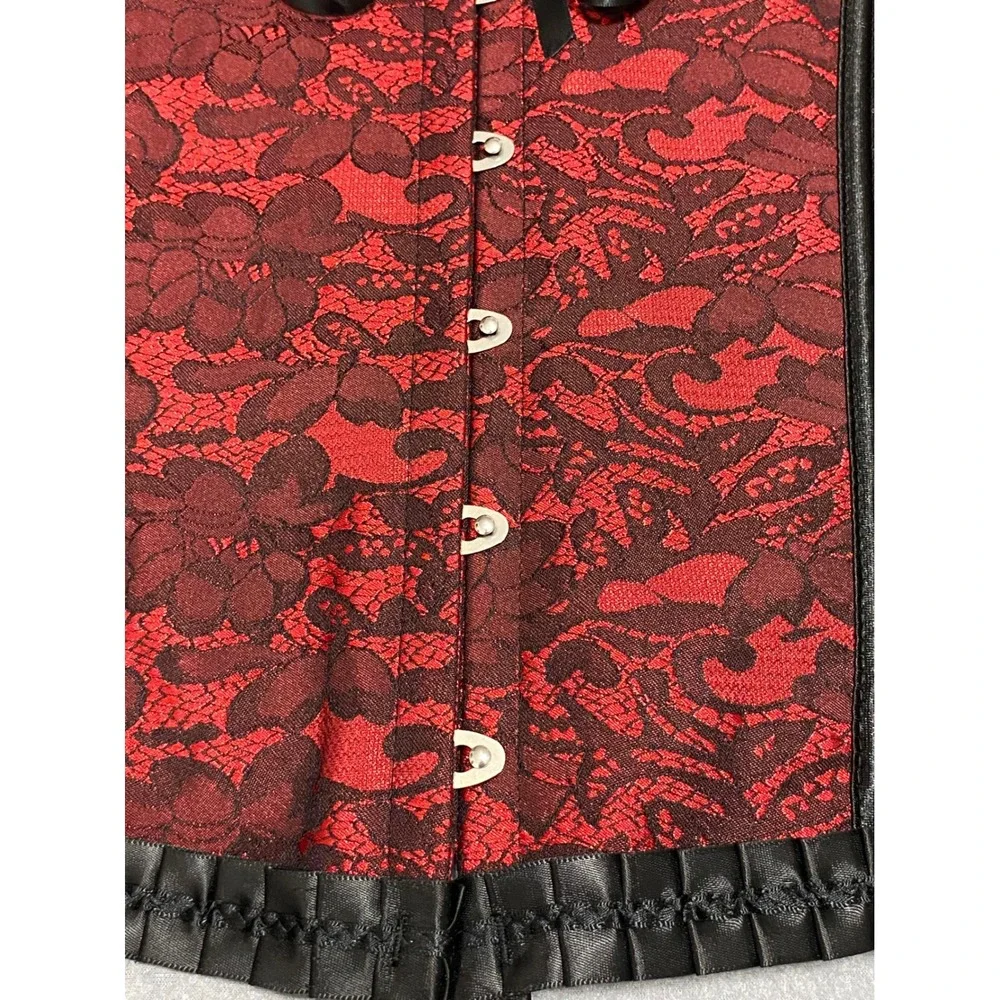 Red Black Floral Lace Boned Corset Top Gothic Steampunk Lace Up Back XL-2XL - Picture 8 of 12